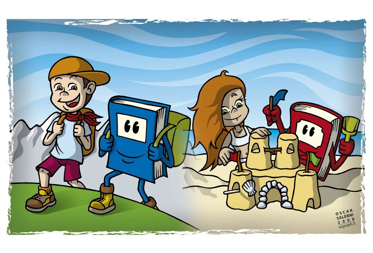 The book, faithful companion of your holiday. Color drawing for Gazzetta dei Piccoli column of the Gazzetta di Parma