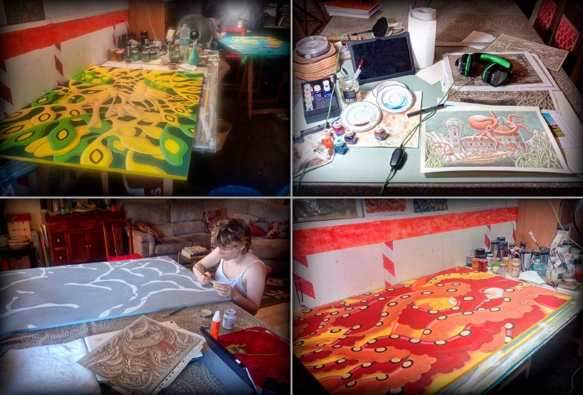 Lavori in corso quadri cavalluccio Drago Marino, Re di Aringhe, Piovra e disegno Toscana Onirica